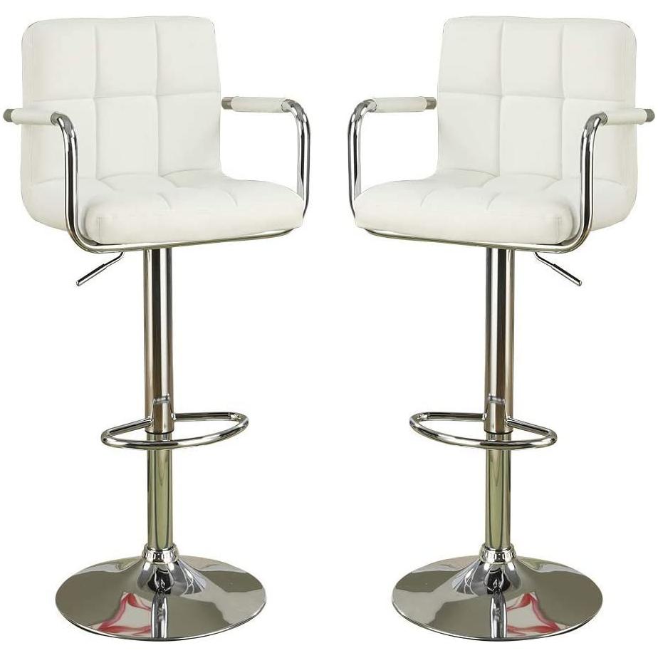 White Faux Leather Bar Stool Counter Height Chairs Set of 2 Adjustable Height Kitchen Island Stools Armrest Chairs