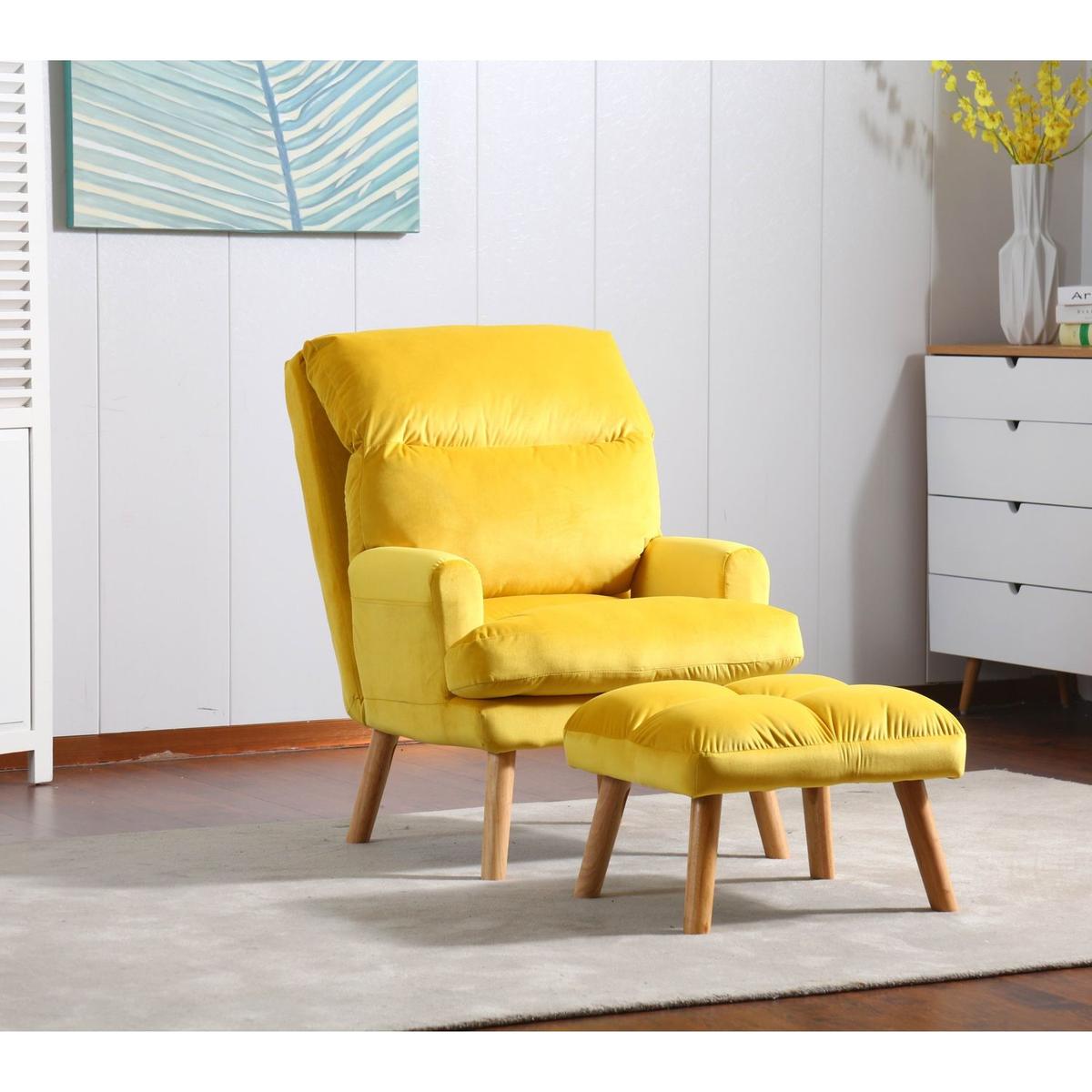 Soft Comfortable 1pc Accent Click Clack Chair with Ottoman Yellow Fabric Upholstered Oak Finish Legs Living Room Furniture