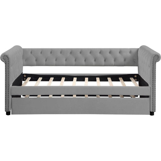 Daybed with Trundle Upholstered Tufted Sofa Bed, with Beautiful Round Armset Design, TWIN SIZE, Grey