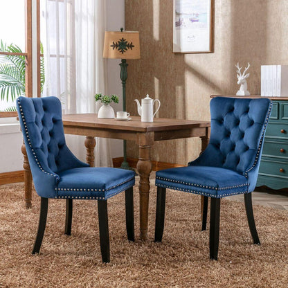 Nikki Collection Modern, High-end Tufted Solid Wood Contemporary Velvet Upholstered Dining Chair with Wood Legs Nailhead Trim 2-Pcs Set,Blue