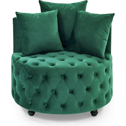 Velvet Upholstered Swivel Chair for Living Room, with Button Tufted Design and Movable Wheels, Including 3 Pillows, Green