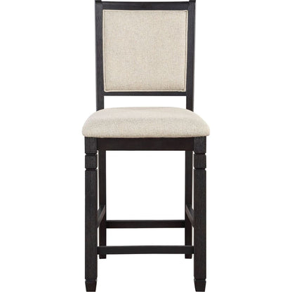 Beautiful Black Finish Wooden Counter Height Chairs 2pcs Set Beige Color Textured Fabric Upholstered Dining Chairs