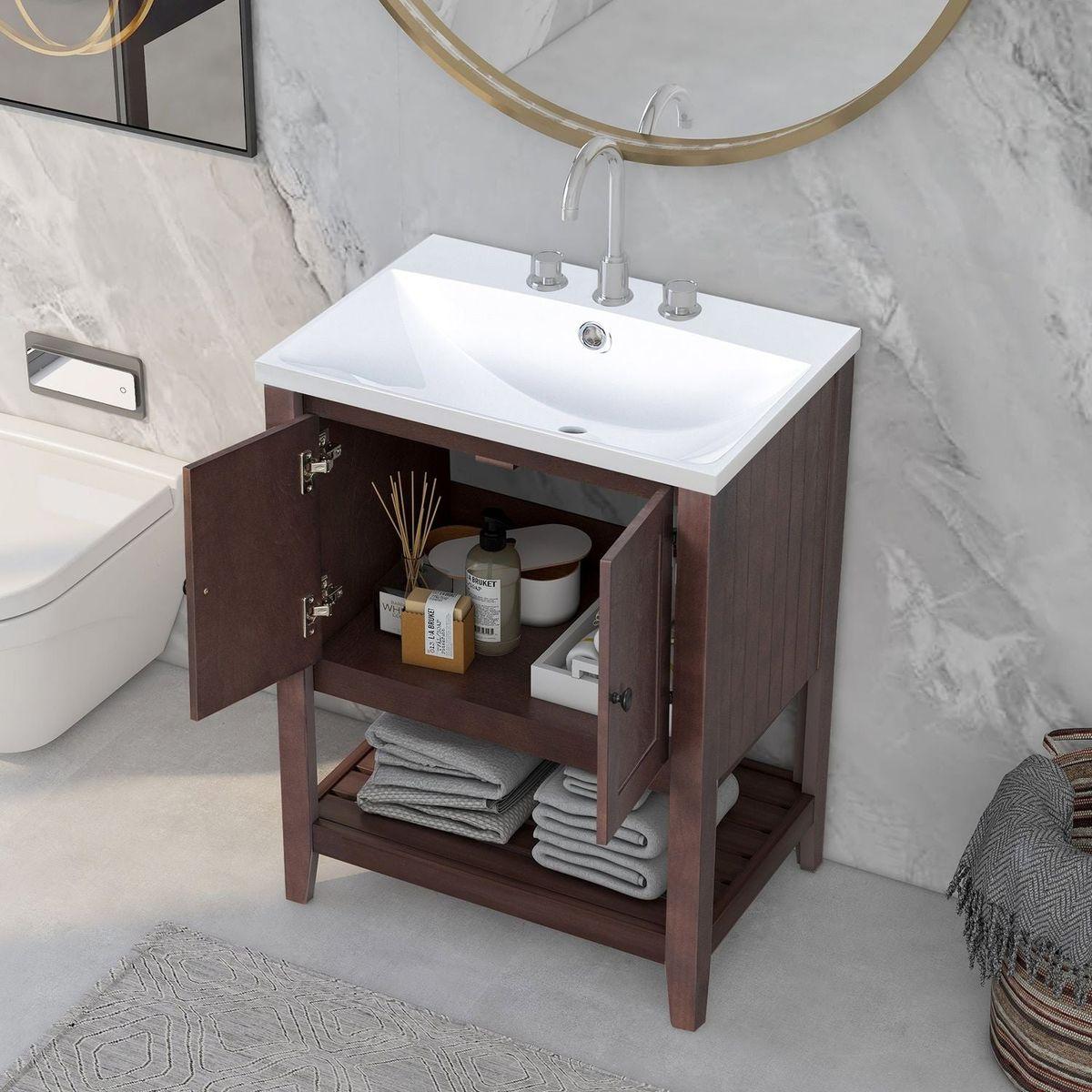 24" Brown Modern Sleek Bathroom Vanity Elegant Ceramic Sink with Solid Wood Frame Open Style Shelf