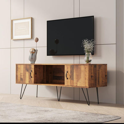 TV Media Stand, 60 inch Wide, Modern Industrial, Living Room Entertainment Center, Storage Shelves and Cabinets, for Flat Screen TVs up to 65 inches in Natural