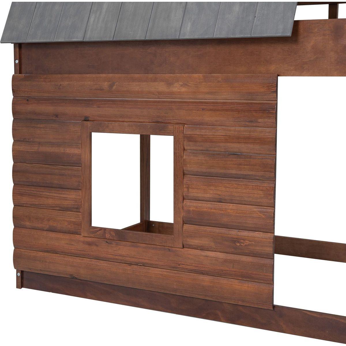 Wood Twin Size House Bunk Bed with Roof, Ladder and 2 Windows, Oak & Smoky Grey