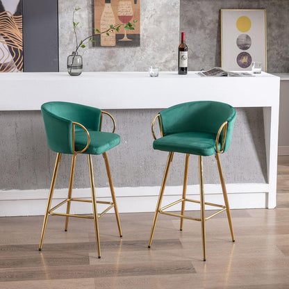 26 Inch Set of 2 Bar Stools, with Chrome Footrest and Base Velvet + Golden Leg Simple Bar Stool, GREEN