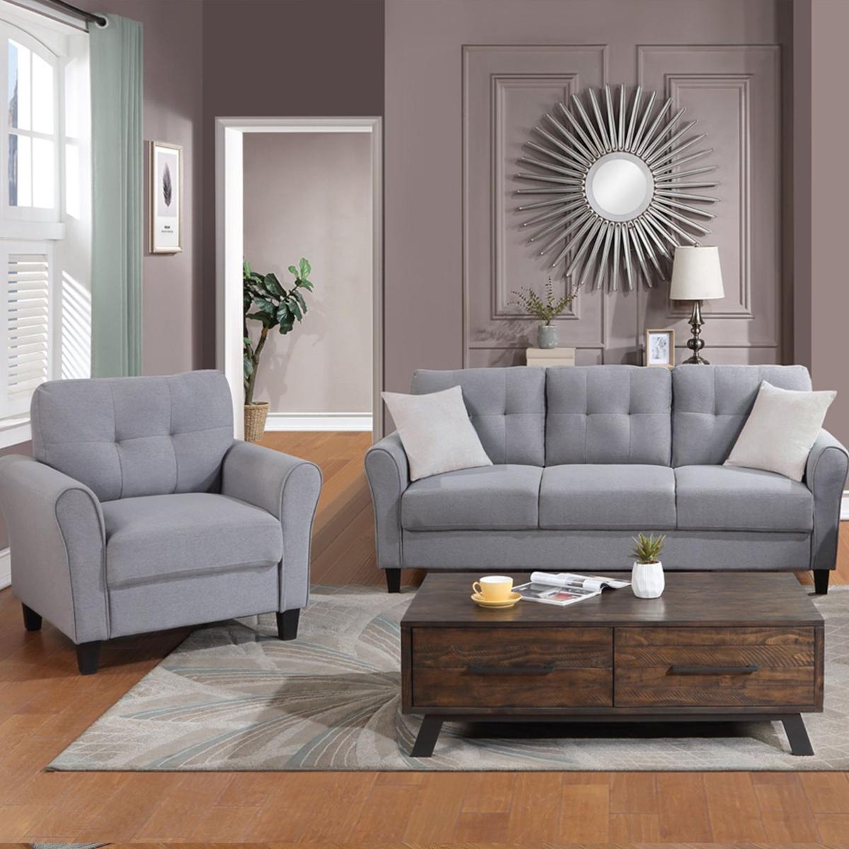 Modern Living Room Sofa Set Linen Upholstered Couch Furniture for Home or Office, Light Grey-Blue,(1+3-Seat,)