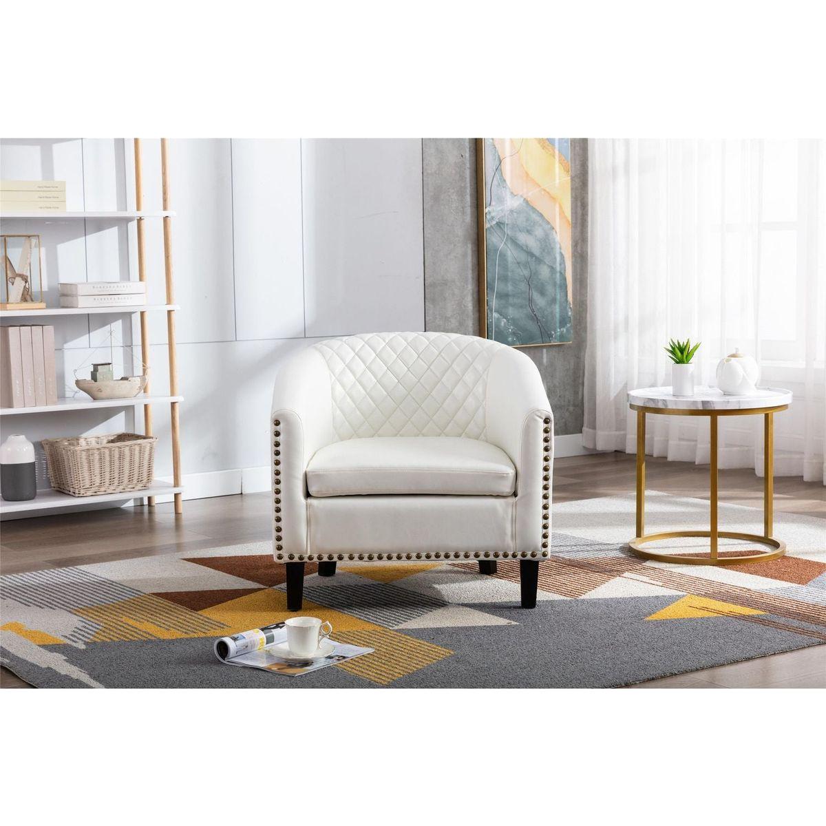 accent Barrel chair living room chair with nailheads and solid wood legs white pu leather