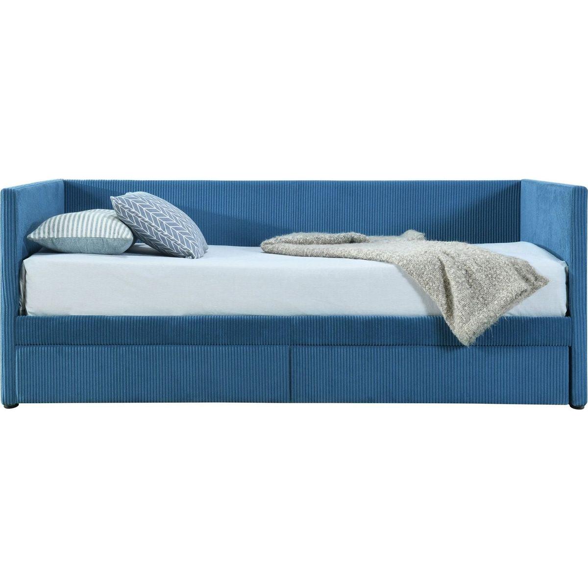 Twin Size Corduroy Daybed with Two Drawers and Wood Slat, Blue