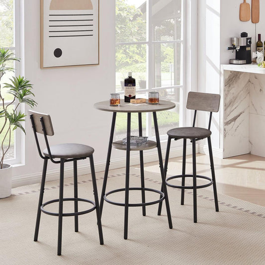 Round bar stool set with shelf, upholstered stool with backrest Grey, 23.62" W x 23.62" D x 35.43" H. - Streamdale Furniture
