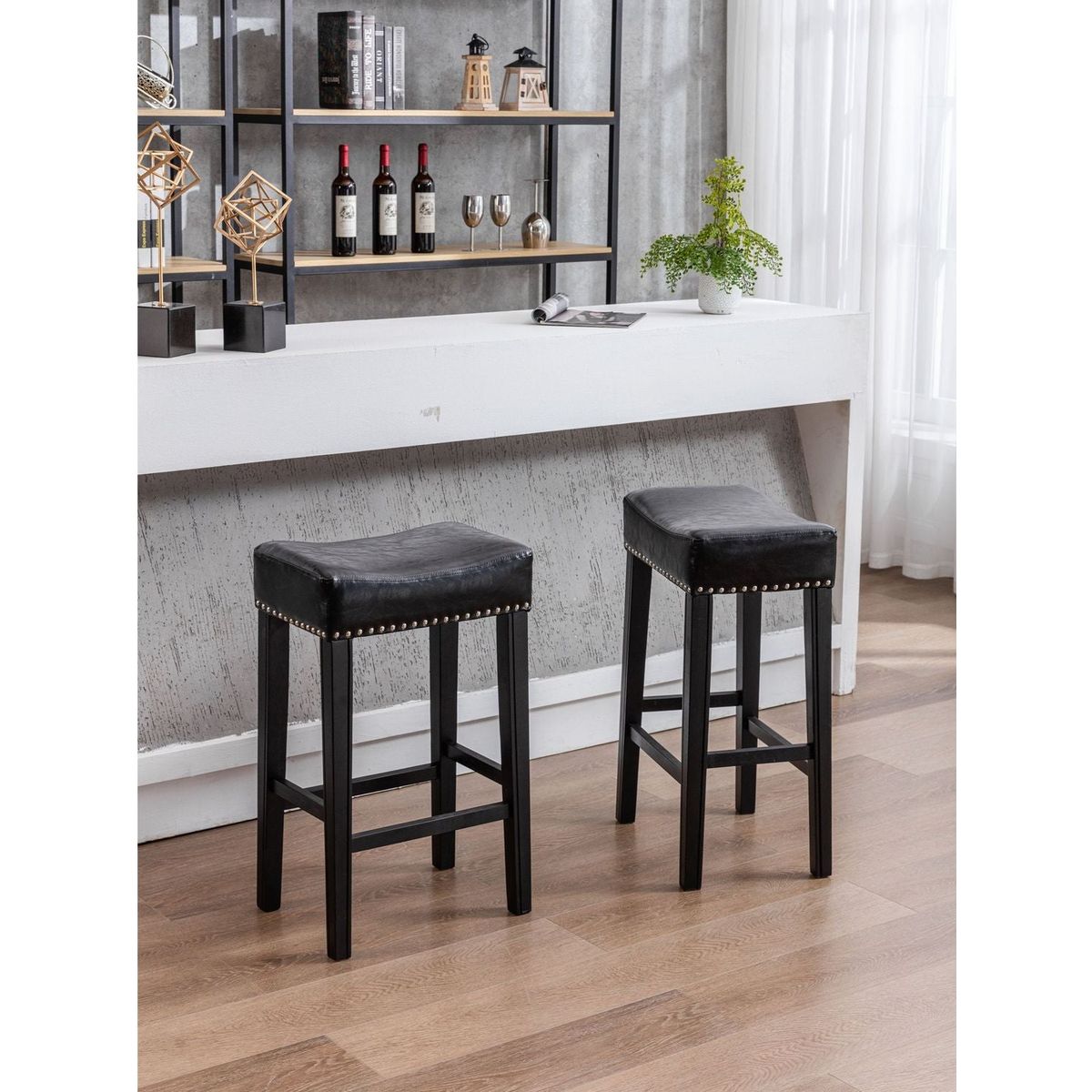 Counter Height 29" Bar Stools for Kitchen Counter Backless Faux Leather Stools Farmhouse Island Chairs (29 Inch, Black, Set of 2)