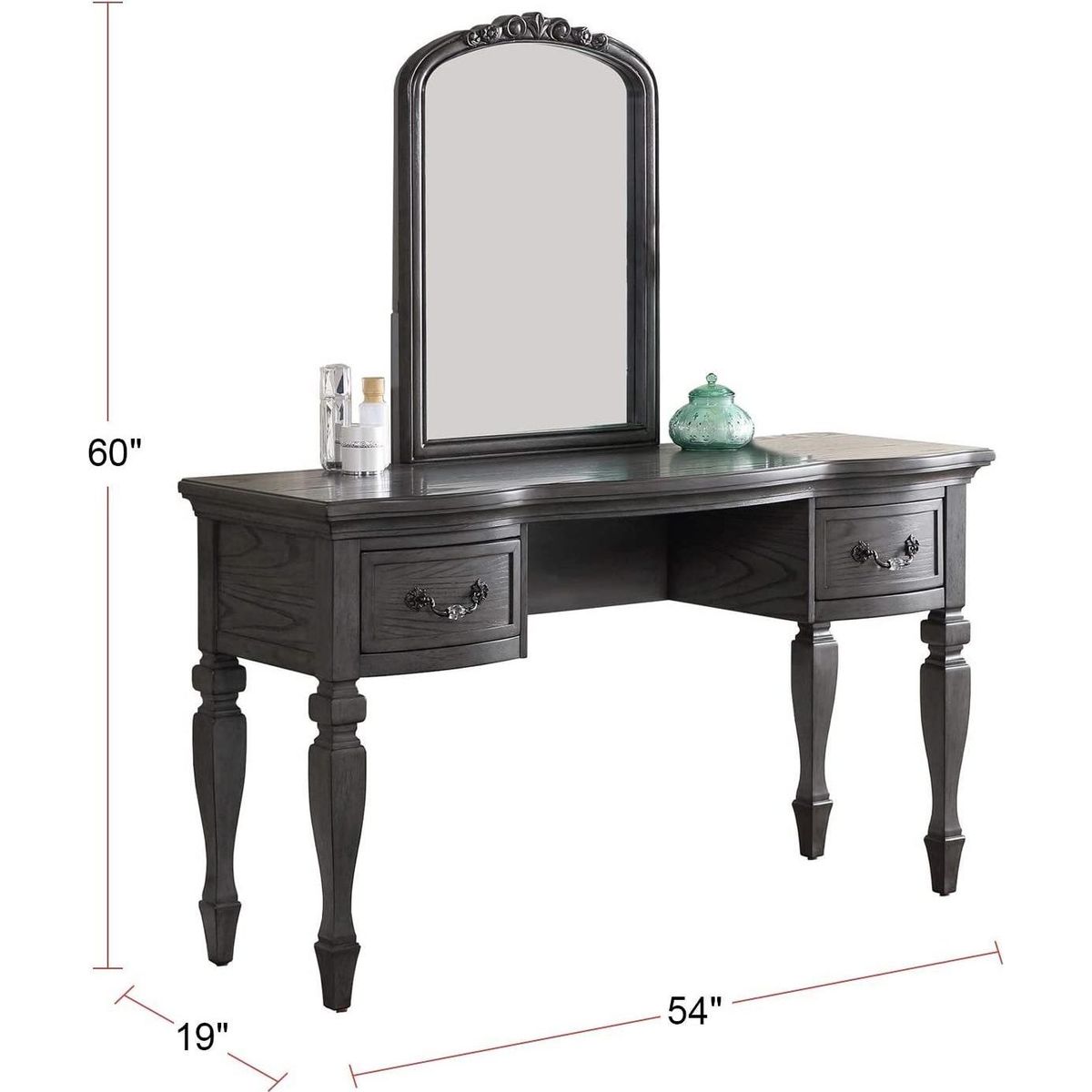 Bedroom Classic Vanity Set Wooden Carved Mirror Stool Drawers Antique Grey Finish