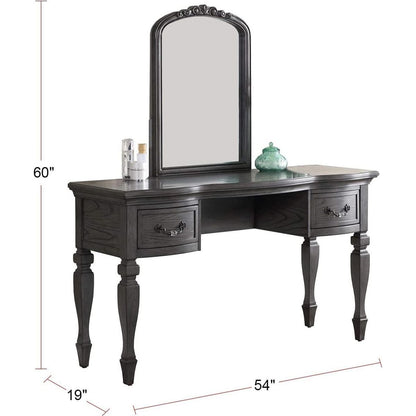 Bedroom Classic Vanity Set Wooden Carved Mirror Stool Drawers Antique Grey Finish