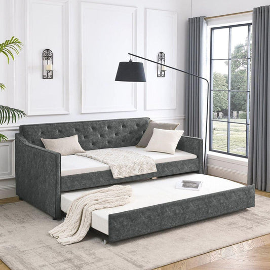 Twin Size Daybed with Twin Size Trundle Upholstered Tufted Sofa Bed, Waved Shape Arms, Grey (80.5"x44.5"x33.5")