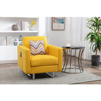 Victoria Yellow Linen Fabric Armchair with Metal Legs, Side Pockets, and Pillow