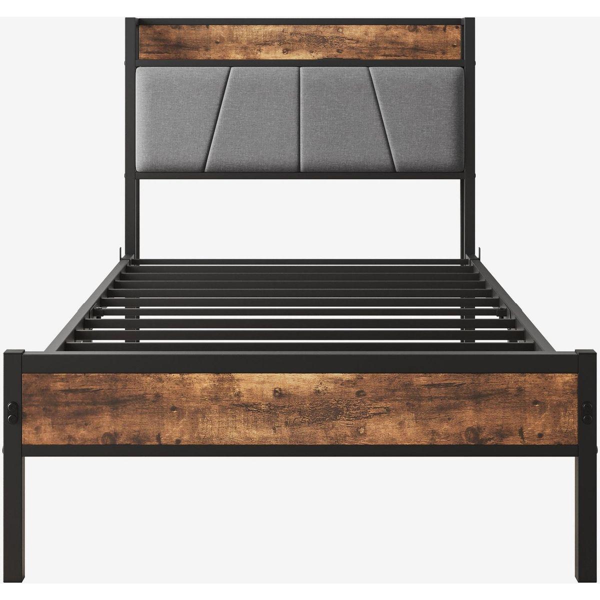 Twin Size Bed Frame, Storage Headboard with Charging Station, Solid and Stable, Noise Free, No Box Spring Needed, Easy Assembly