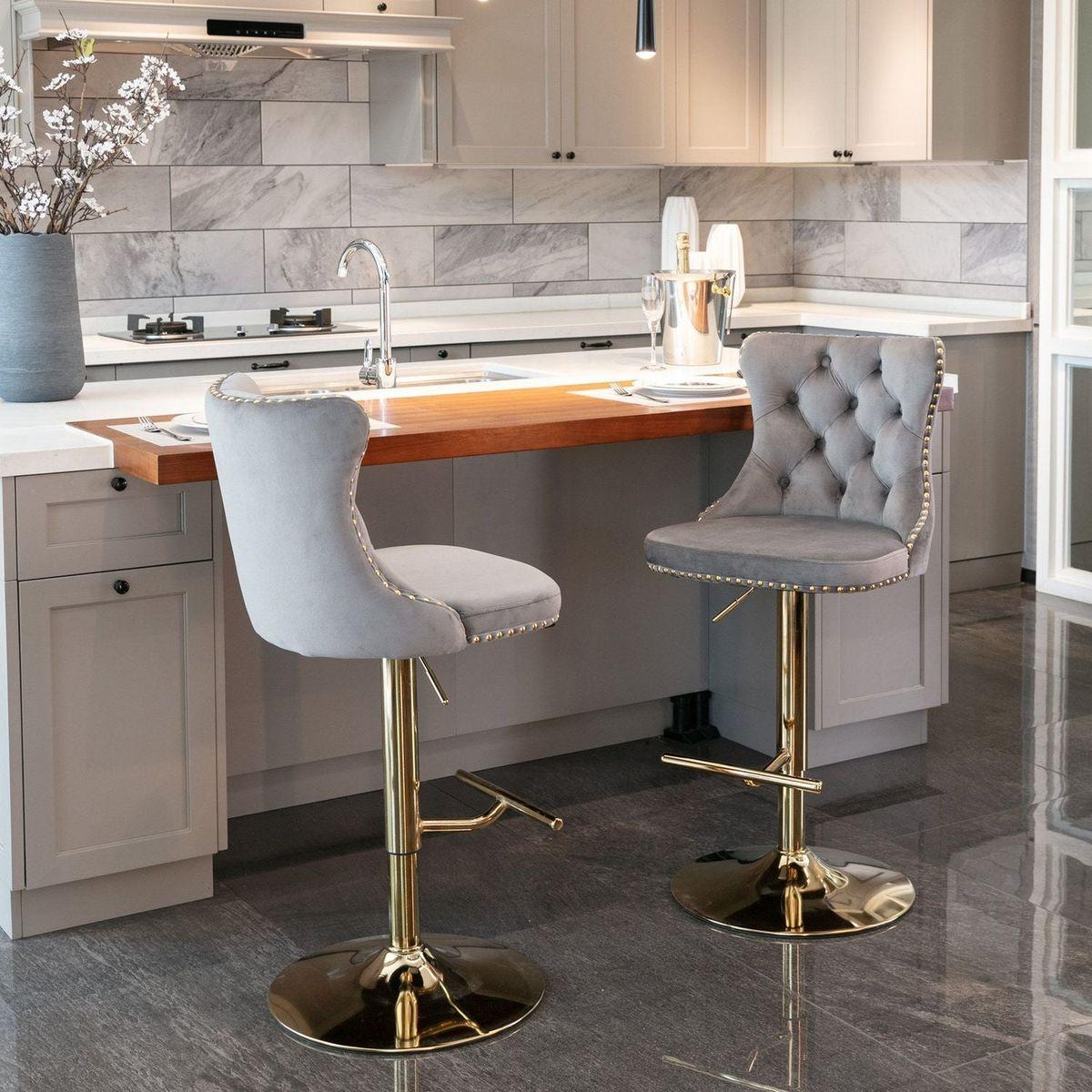 Golden Swivel Velvet Barstools Adjusatble Seat Height from 25-33 Inch, Modern Upholstered Bar Stools with Backs Comfortable Tufted for Home Pub and Kitchen IslandGray, Set of 2)