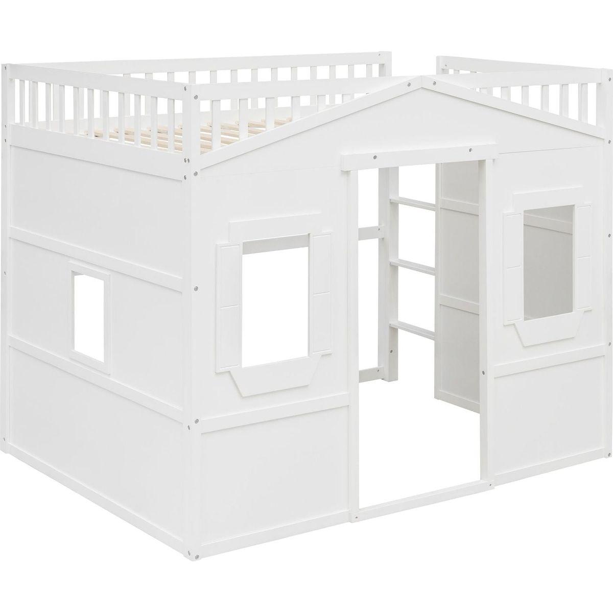 Full Size House Loft Bed With Ladder-White