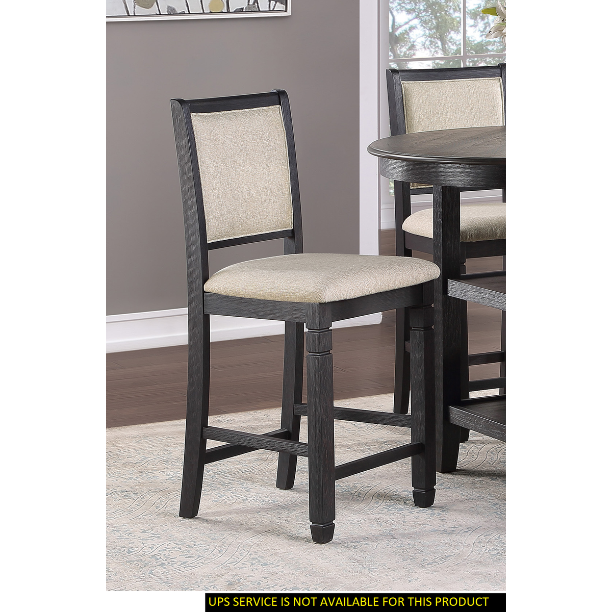 Beautiful Black Finish Wooden Counter Height Chairs 2pcs Set Beige Color Textured Fabric Upholstered Dining Chairs