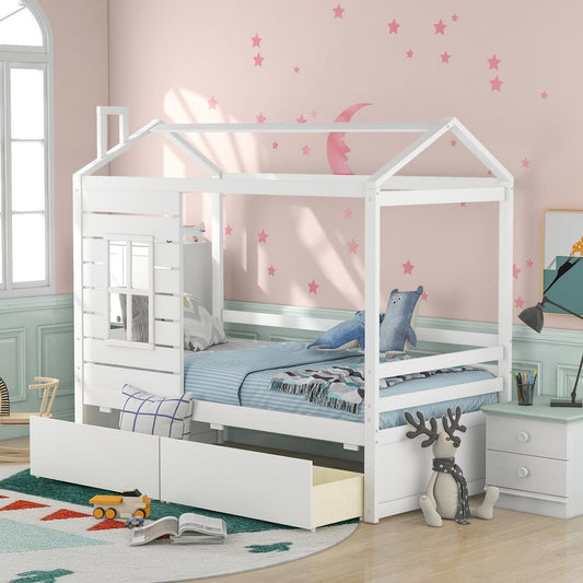 Twin Size House Bed Wood Bed with Two Drawers (White) - Streamdale Furniture