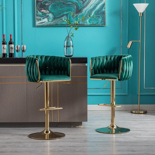 Set of 2 Bar Stools, with Chrome Footrest and Base Swivel Height Adjustable Mechanical Lifting Velvet + Golden Leg Simple Bar Stool-Green - Streamdale Furniture