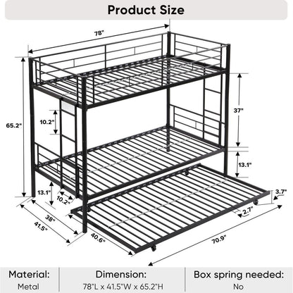 Over Twin Bunk Bed Frame with Trundle,Metal Bunkbed with Sturdy Guard Rail and 2 sideLadders for Kids/Adults,Can be Divided Into Two Beds, No Box Spring Needed, Noise Free for Dorm,Black