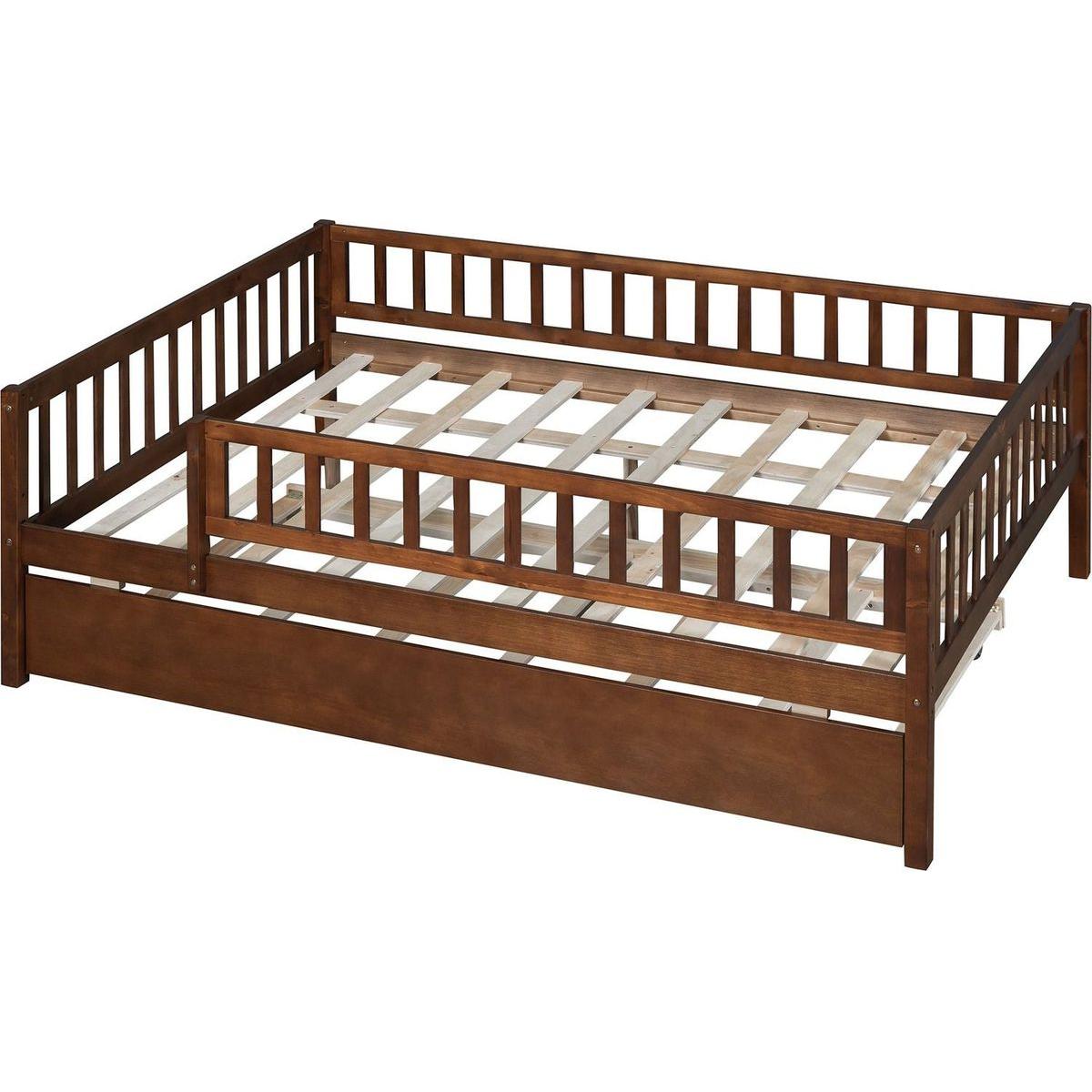 Full Size Wood Daybed with Trundle and Fence Guardrails, Walnut