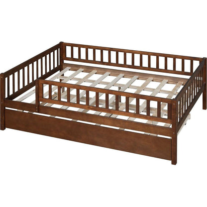 Full Size Wood Daybed with Trundle and Fence Guardrails, Walnut