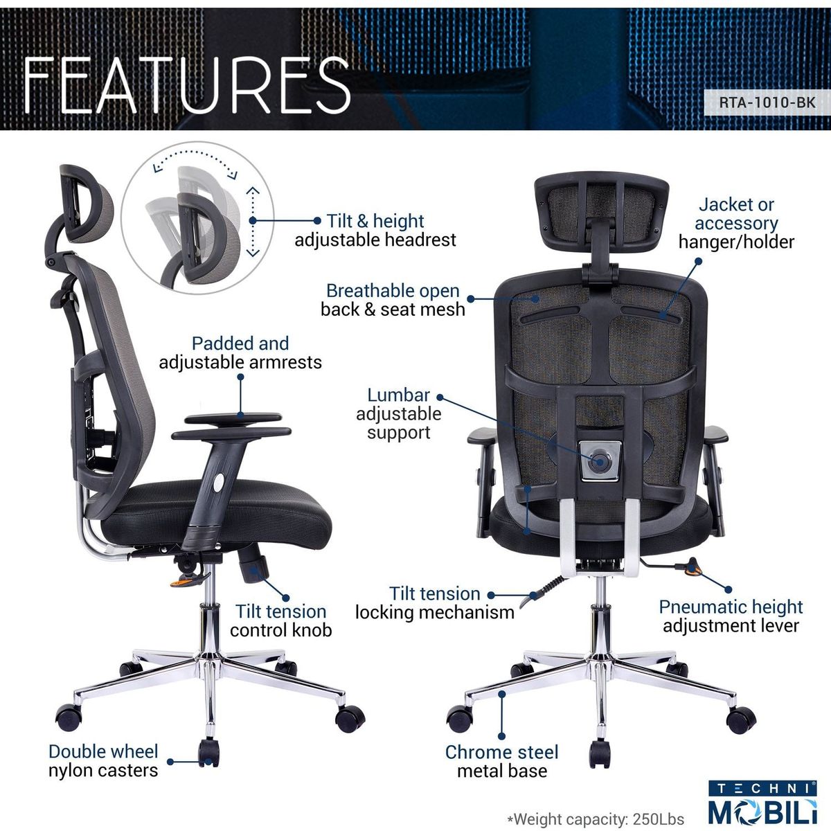 High Back Executive Mesh Office Chair with Arms, Lumbar Support and Chrome Base, Black