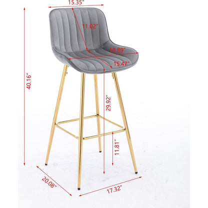 30 inch Set of 2 Bar Stools, with Chrome Footrest Velvet Fabric Counter Stool Golden Leg Simple High Bar Stool, GRAY - Streamdale Furniture