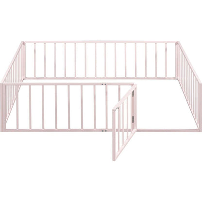 Full Size Metal Floor Bed Frame with Fence and Door, Pink