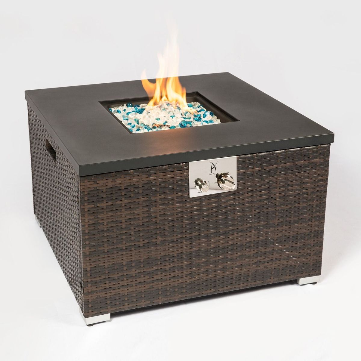 Outdoor Gas Fire Pit Square Dark Brown Wicker Fire Pit Table Propane Fire Table with Glass Rocks