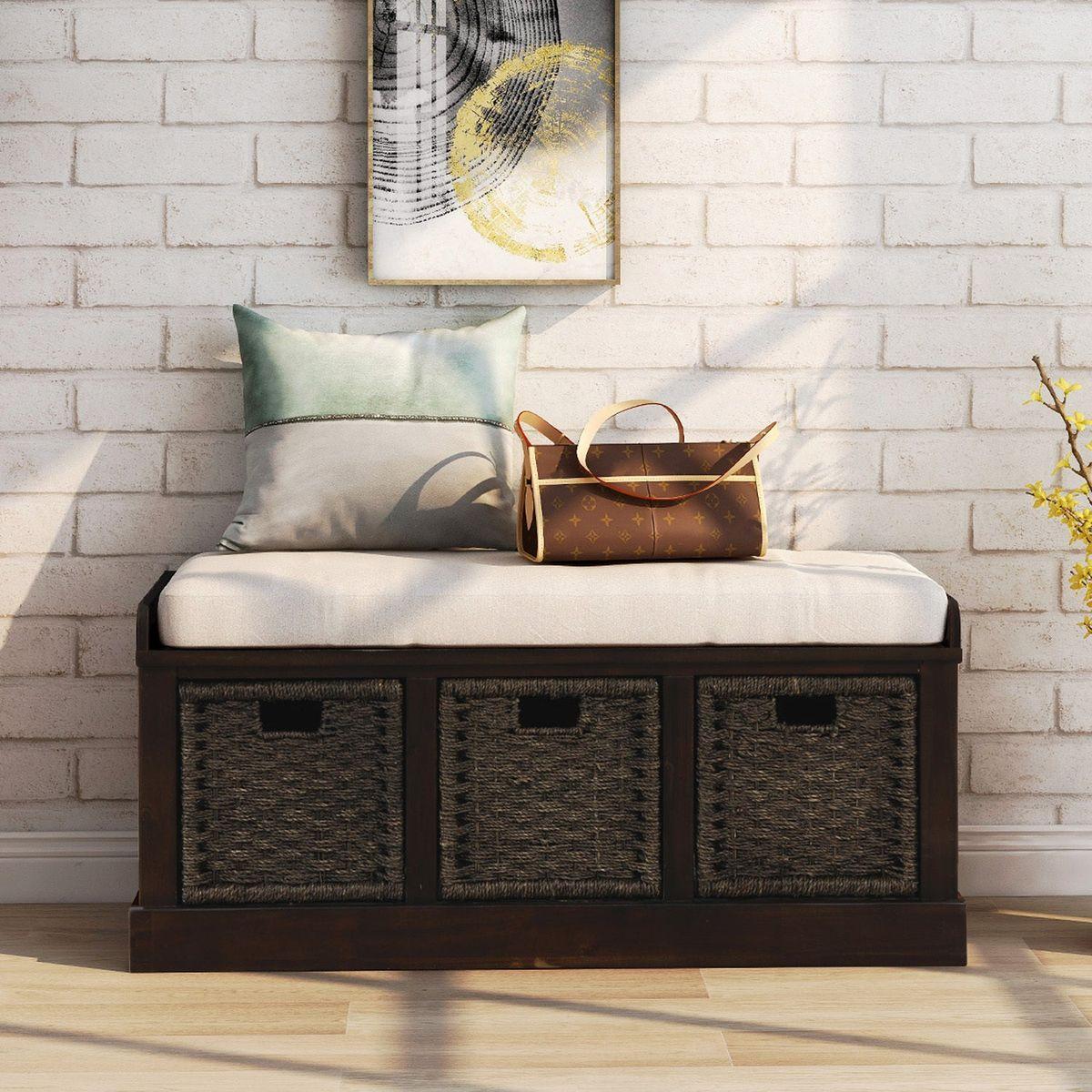 Rustic Storage Bench with 3 Removable Classic Rattan Basket, Entryway Bench with Removable Cushion (Espresso)