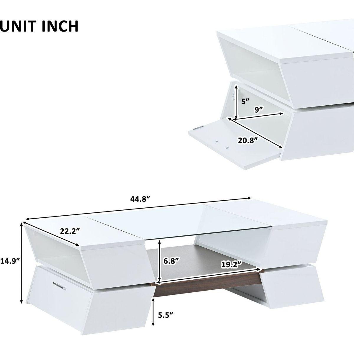 6mm Glass-Top Coffee Table with Open Shelves and Cabinets, Geometric Style Cocktail Table with Great Storage Capacity, Modernist 2-Tier Center Table for Living Room, White