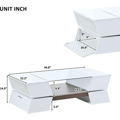 6mm Glass-Top Coffee Table with Open Shelves and Cabinets, Geometric Style Cocktail Table with Great Storage Capacity, Modernist 2-Tier Center Table for Living Room, White