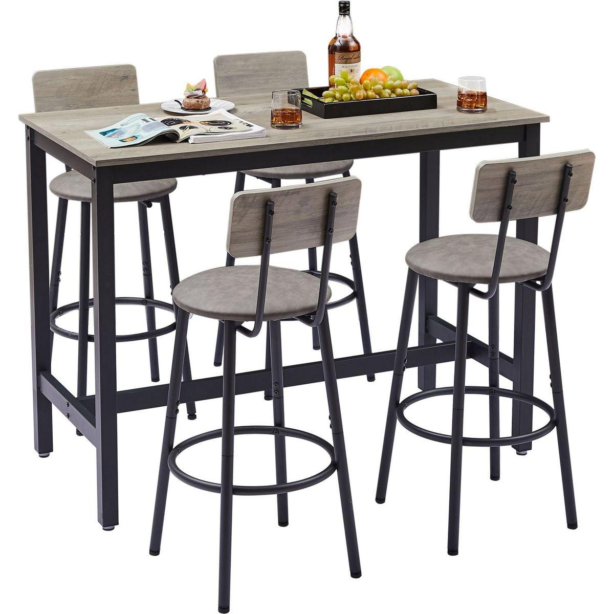 Bar Table Set with 4 Bar stools PU Soft seat with backrest, Grey, 47.24" L x 23.62" W x 35.43" H
