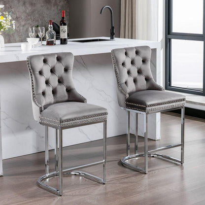 26" Counter Height Bar Stools Set of 2, Modern Velvet Barstools with Button Back&Rivet Trim Upholstered Kitchen Island Chairs with Sturdy Chromed Metal Base Legs Farmhouse Bar Stools, (Gray, 2 Pack)