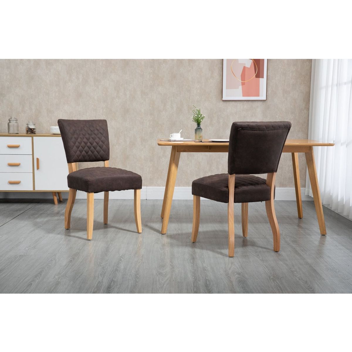 Upholstered Diamond Stitching Leathaire Dining Chair with Solid Wood Legs BROWN