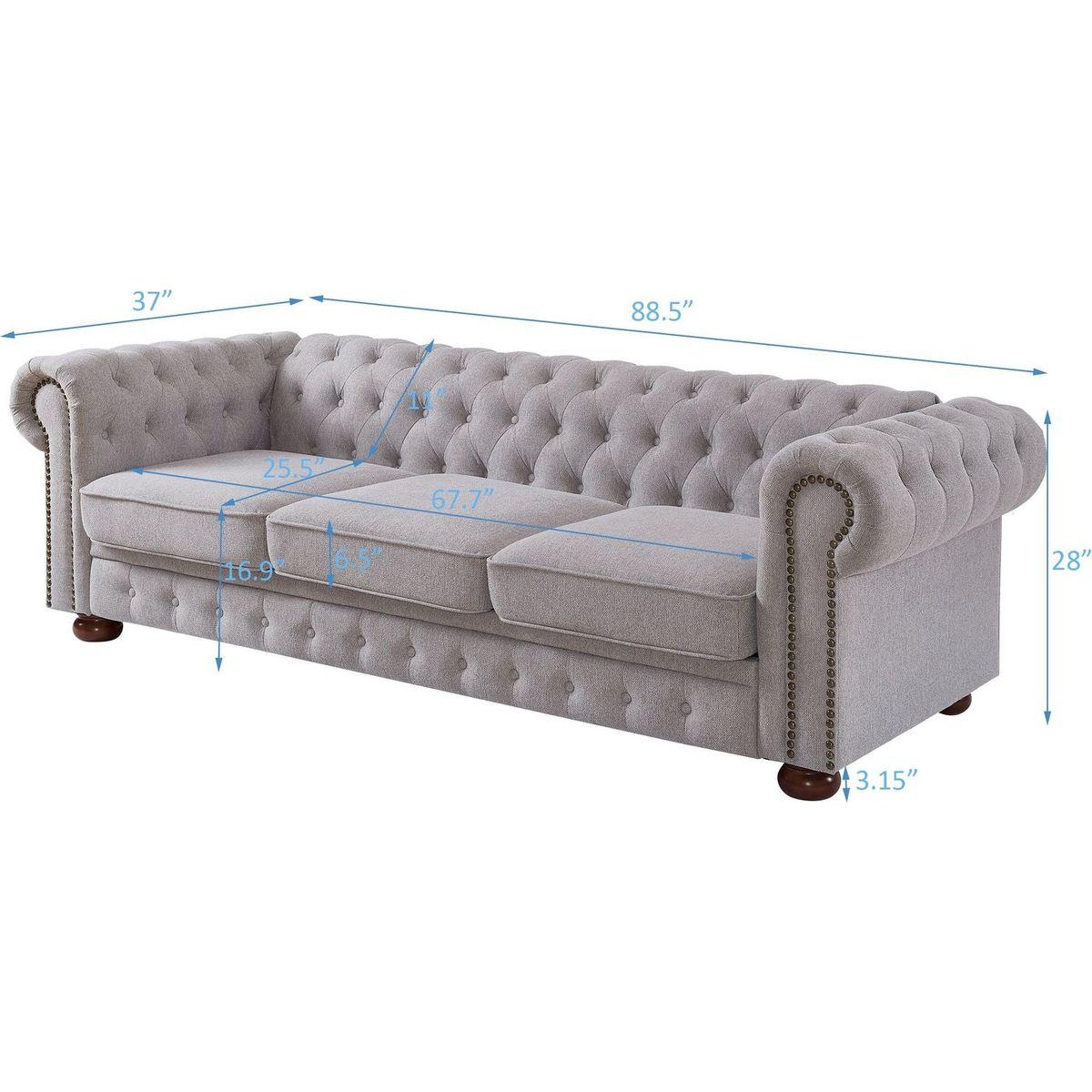 Chesterfield sofa in linen fabric (Light Grey)