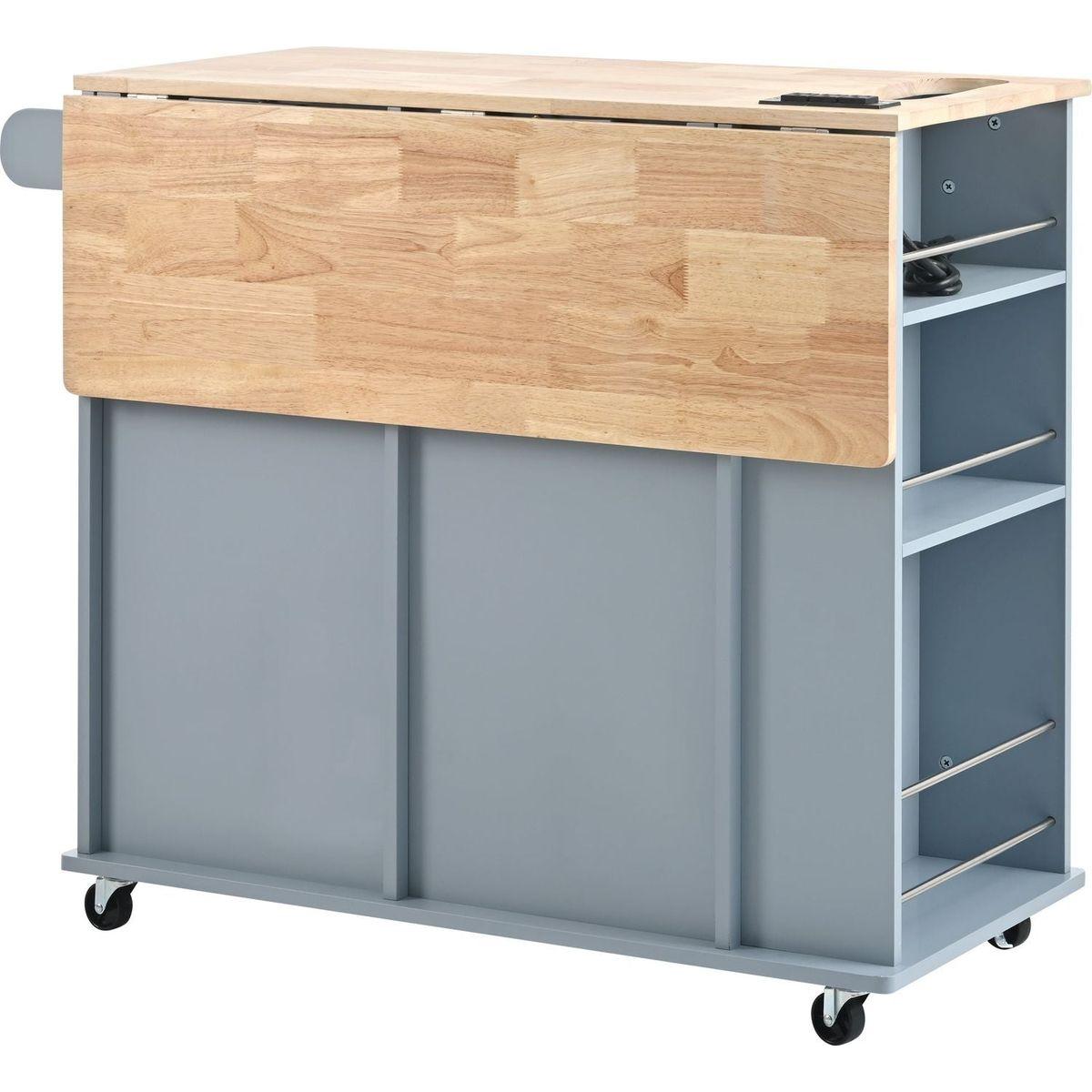 Kitchen Island with Power Outlet,Kitchen Storage Island with Drop Leaf and Rubber Wood,Open Storage and Wine Rack,5 Wheels,with Adjustable Storage for Home, Kitchen, and Dining Room, Grey Blue