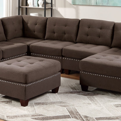 Modular Sectional 9pc Set Living Room Furniture Corner Sectional Tufted Nail heads Couch Black Coffee Linen Like Fabric 3x Corner Wedge 4x Armless Chairs and 2x Ottomans