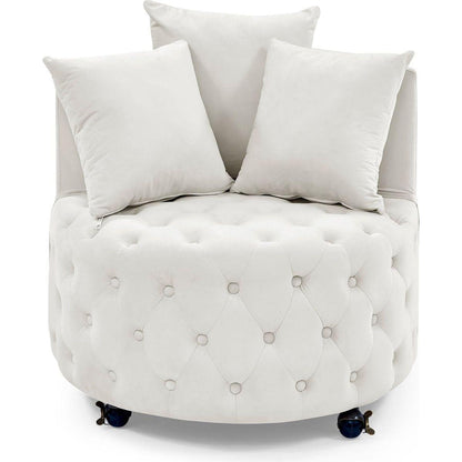 Velvet Upholstered Swivel Chair for Living Room, with Button Tufted Design and Movable Wheels, Including 3 Pillows, Beige