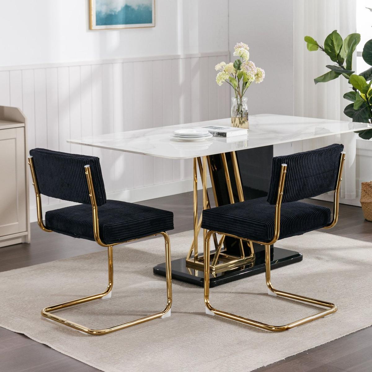 Modern Dining Chairs with Corduroy Fabric, Gold Metal Base, Accent Armless Kitchen Chairs with Channel Tufting, Side Chairs, Set of 2, Black