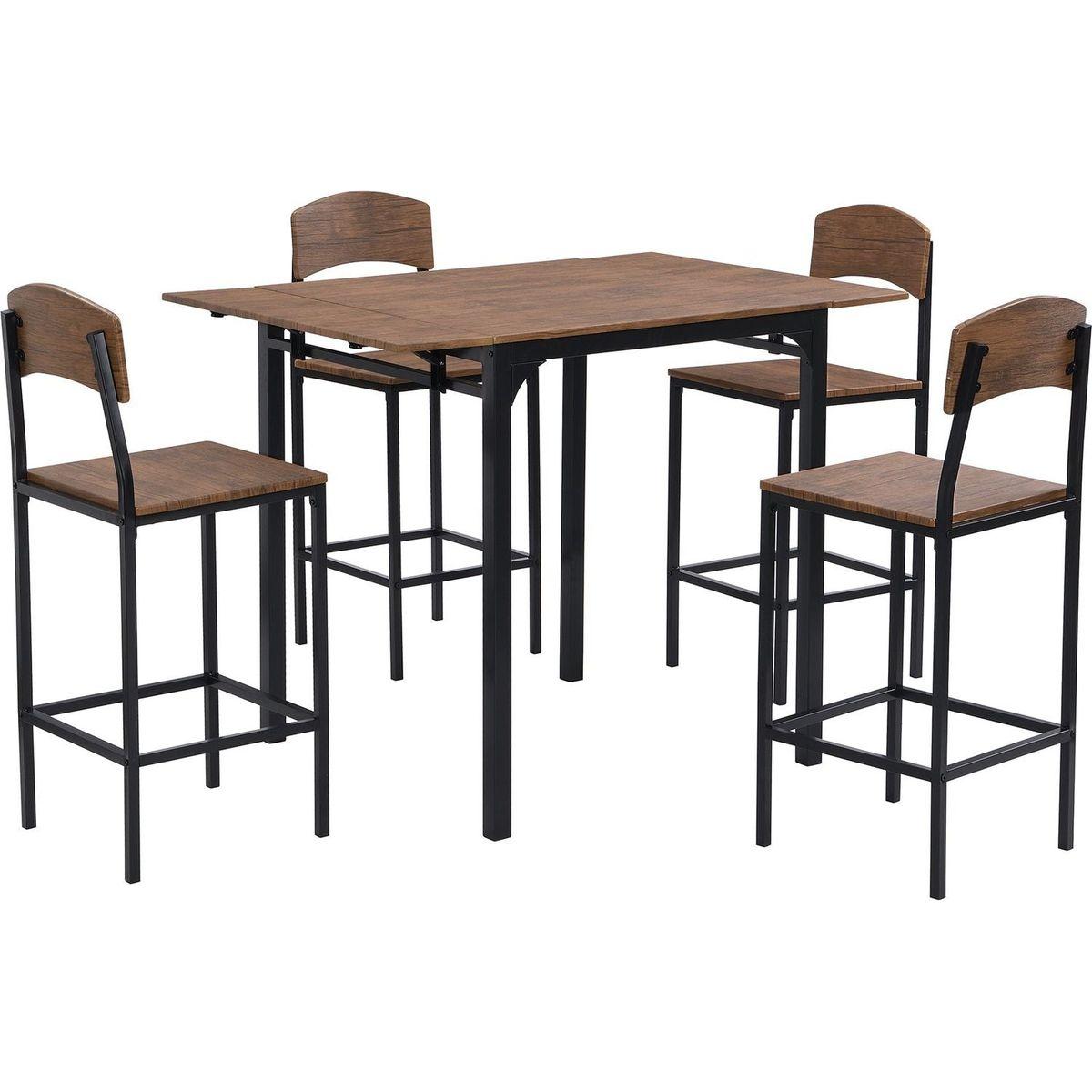 Farmhouse 5-piece Counter Height Drop Leaf Dining Table Set with Dining Chairs for 4, Black Frame+Brown Tabletop