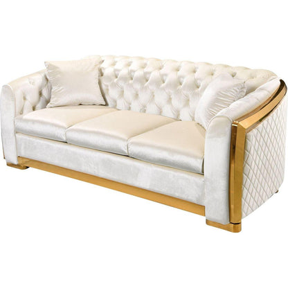 Velvet Luxury Chesterfield Sofa Set, 84 Inches Tufted 3 Seat Couch with Gold Stainless for Living Room, Beige Fabric