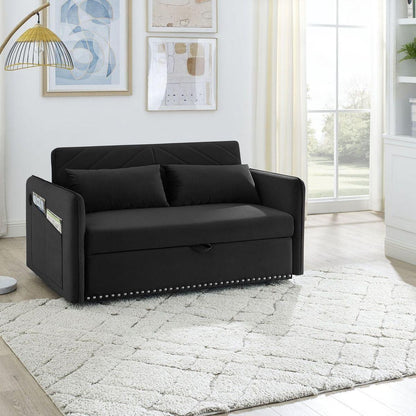 Pull-out sofa sleeper, 3-in-1 adjustable sleeper with pull-out bed, 2 lumbar pillows and side pocket, soft velvet convertible sleeper sofa bed, suitable for living room bedroom.