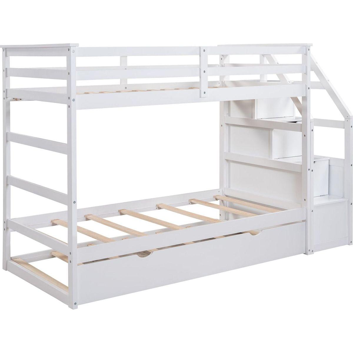 Twin-Over-Twin Bunk Bed with Twin Size Trundle and 3 Storage Stairs, White - Streamdale Furniture