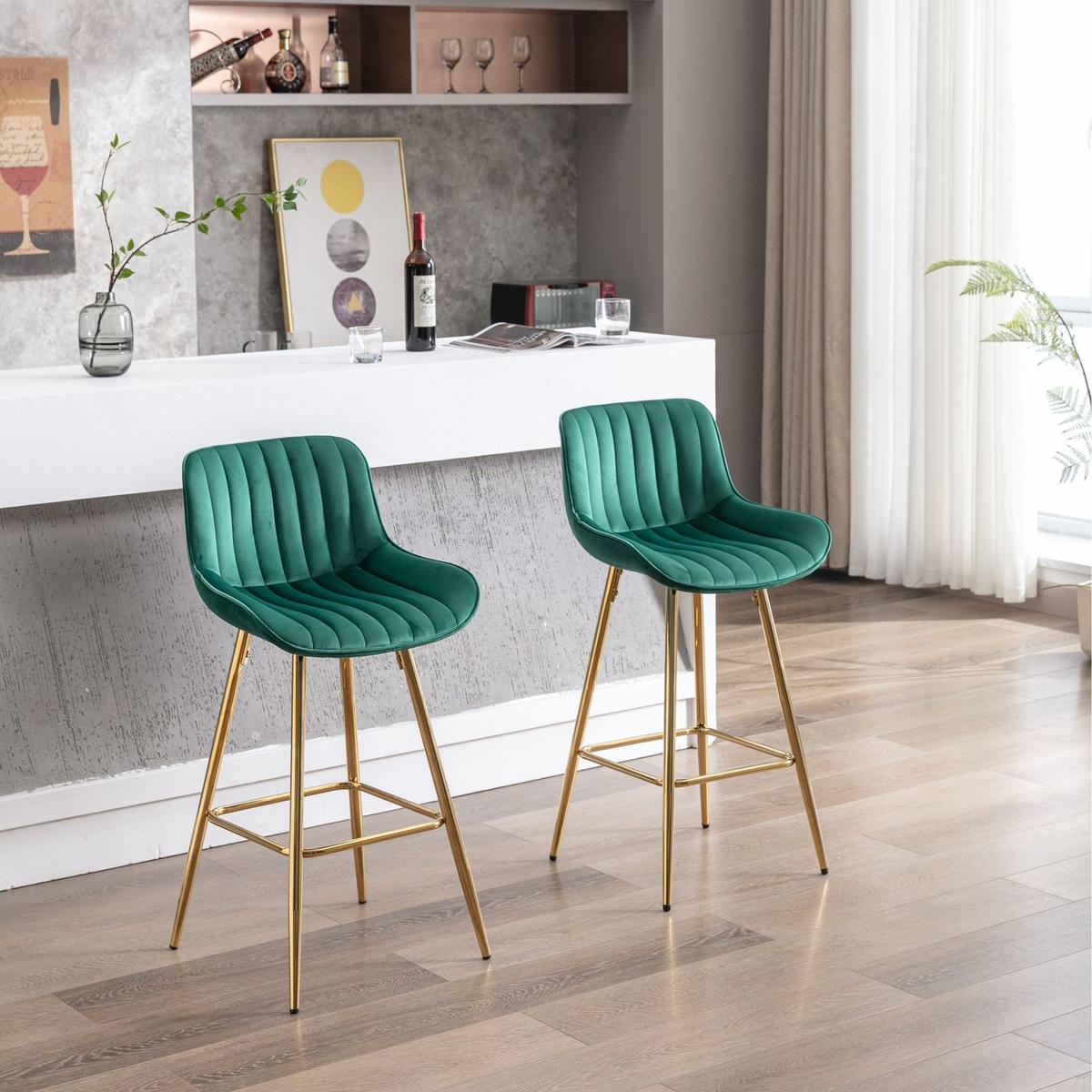 26 Inch Set of 2 Bar Stools, with Chrome Footrest Velvet Fabric Counter Stool Golden Leg Simple Bar Stool, GREEN