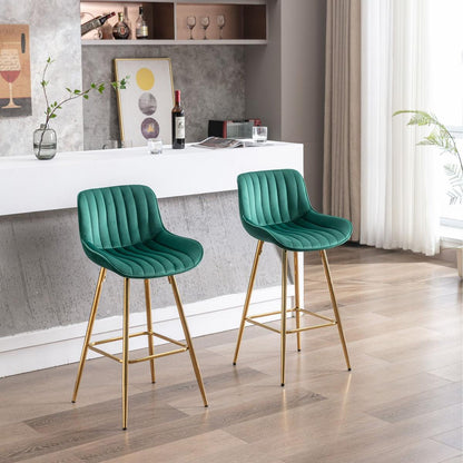 26 Inch Set of 2 Bar Stools, with Chrome Footrest Velvet Fabric Counter Stool Golden Leg Simple Bar Stool, GREEN