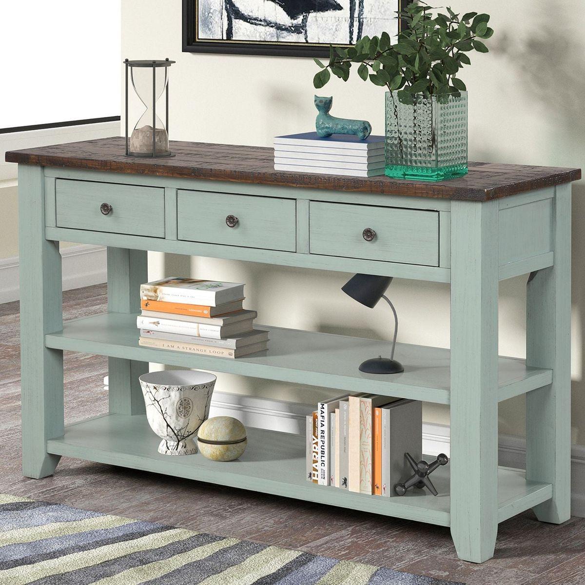 48" Solid Pine Wood Top Console Table, Modern Entryway Sofa Side Table with 3 Storage Drawers and 2 Shelves. Easy to Assemble (Green+ Brown Top)